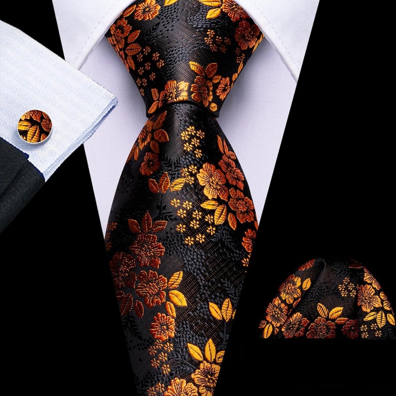 Barry.Wang Store Flower Ties for Men Handkerchief Cufflinks Set Wedding Necktie Set Party - Image 3